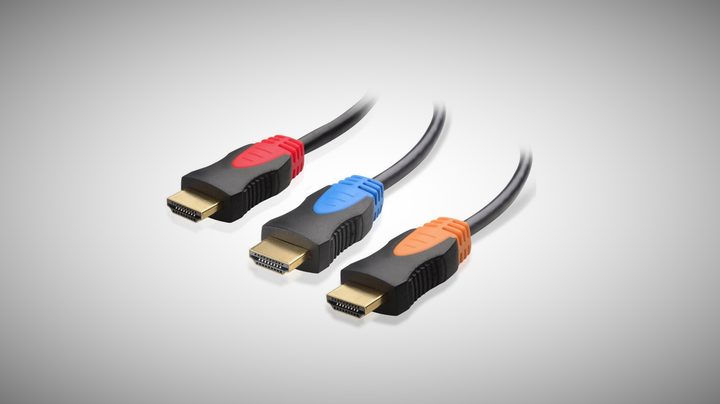 HDMI cables in red, ble, and orange colors