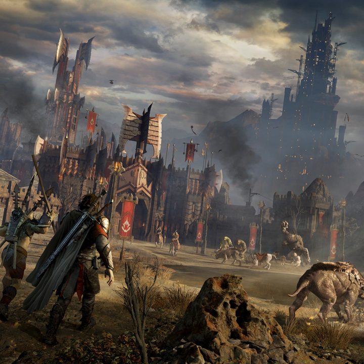 Battle ensuing in front of fortress in Shadow of War.