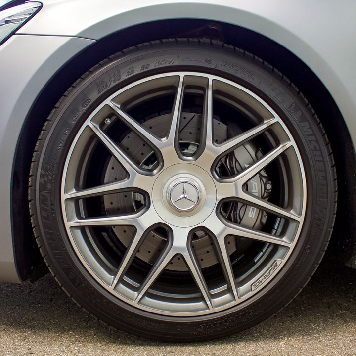 2018 Mercedes AMG S 63 perpendicular side shot of front left wheel