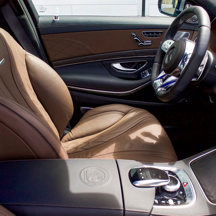 2018 Mercedes AMG S 63 perpendicular shot of drivers side seat from passenger side