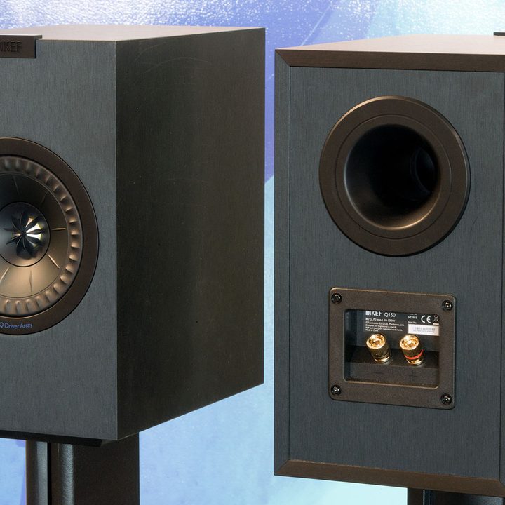 KEF Q150 bookshelf speaker front and back views.