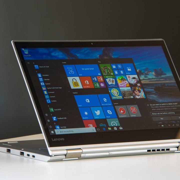 Horizontal tablet mode with the stand flat on the table angled right— Lenovo ThinkPad X1 Yoga
