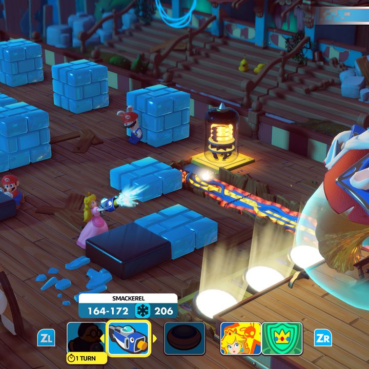 Mario, Rabbid Mario, and Princess Peach engage in a boss battle in a spooky village — Mario + Rabbids Kingdom Battle