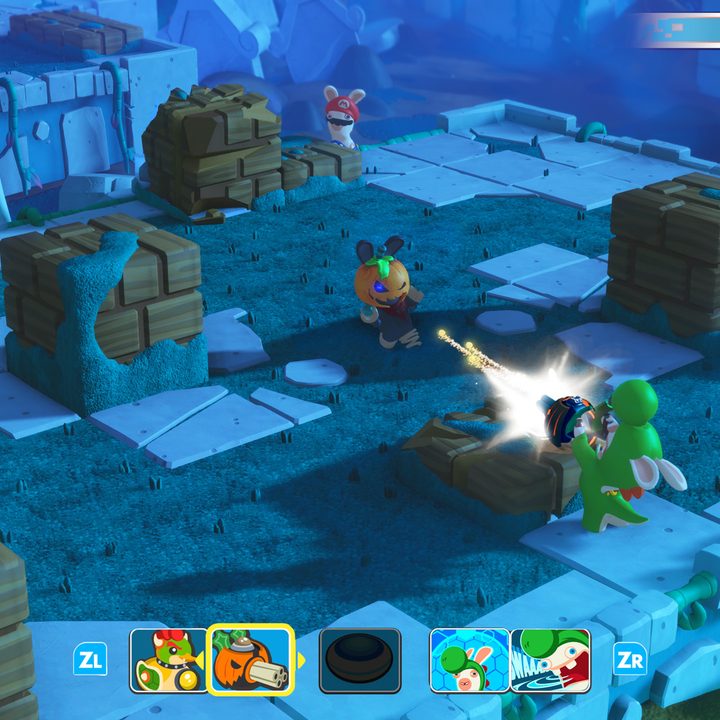 Rabbid Yoshi engages in combat in a spooky village — Mario + Rabbids Kingdom Battle