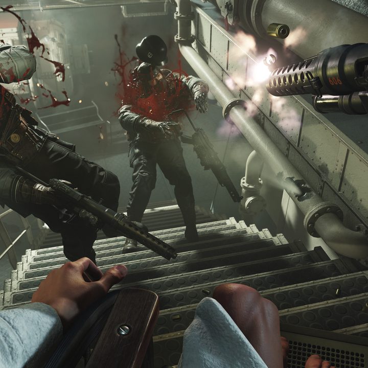 Killing Nazi soldiers in a stairwell— Wolfenstein: The New Colossus