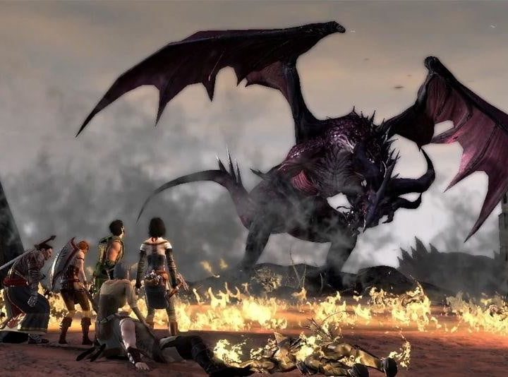 A dragon breathing fire in Dragon Age: Inquisition.