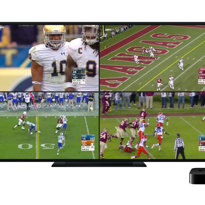 Apple TV box and TV with several football images on-screen.