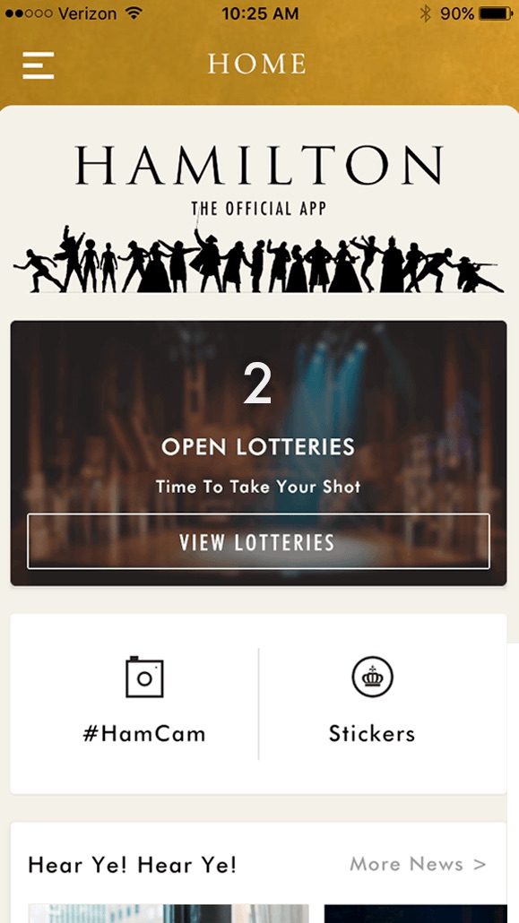 hamilton mobile app lottery screen