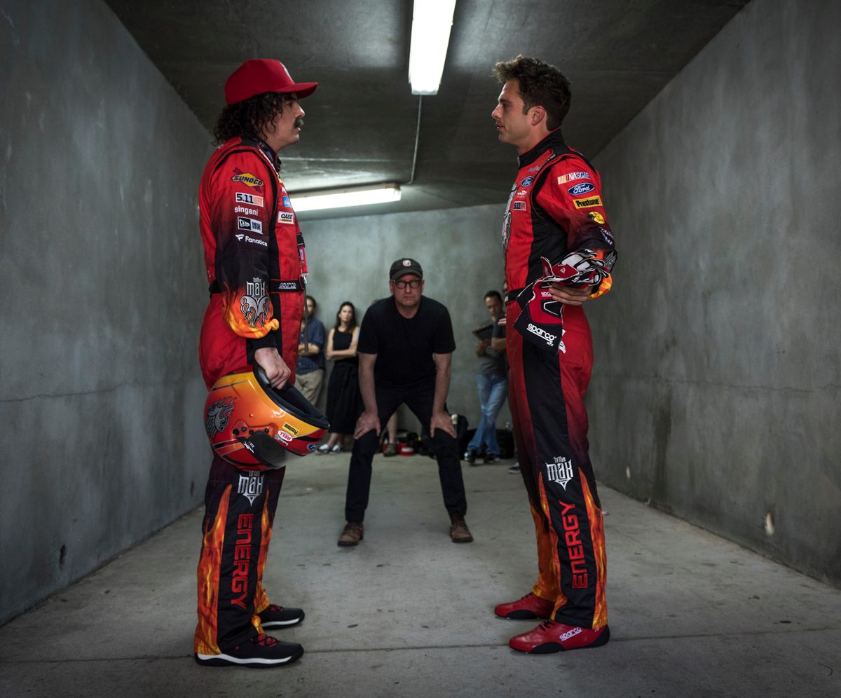 Actor Seth MacFarlane, director Steven Soderbergh and actor Sebastian Stan on the set of LOGAN LUCKY