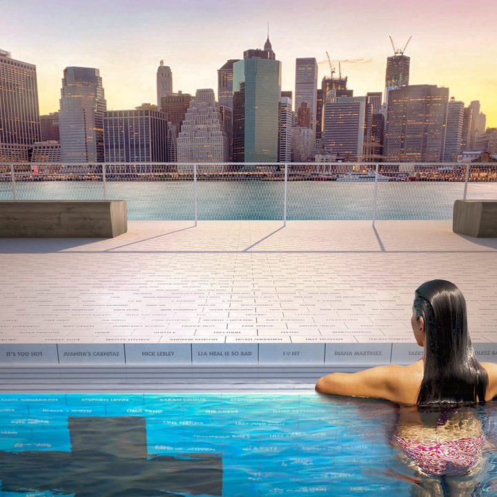 +Pool render showing a young woman standing in the pool admiring the New York City skyline sunset