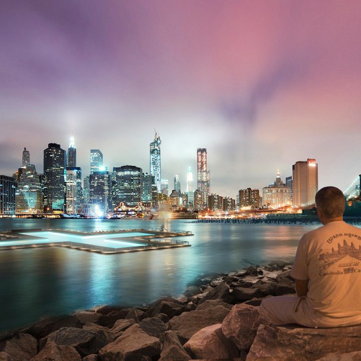 +Pool render showing it floating in the river with the nighttime New York City skyline visible