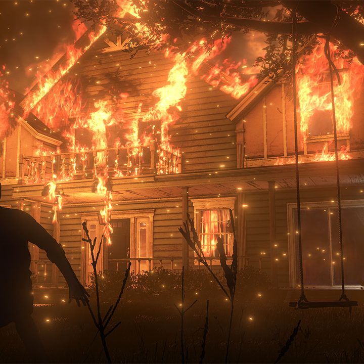 Main character in front of burning house in The Evil Within 2.
