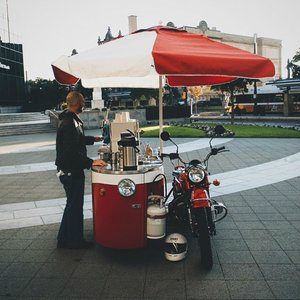 Ural sidecar motorcycle coffee shop