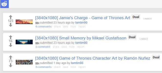 R/Multiwall subreddit website screenshot showing three dual monitor wallpaper posts.