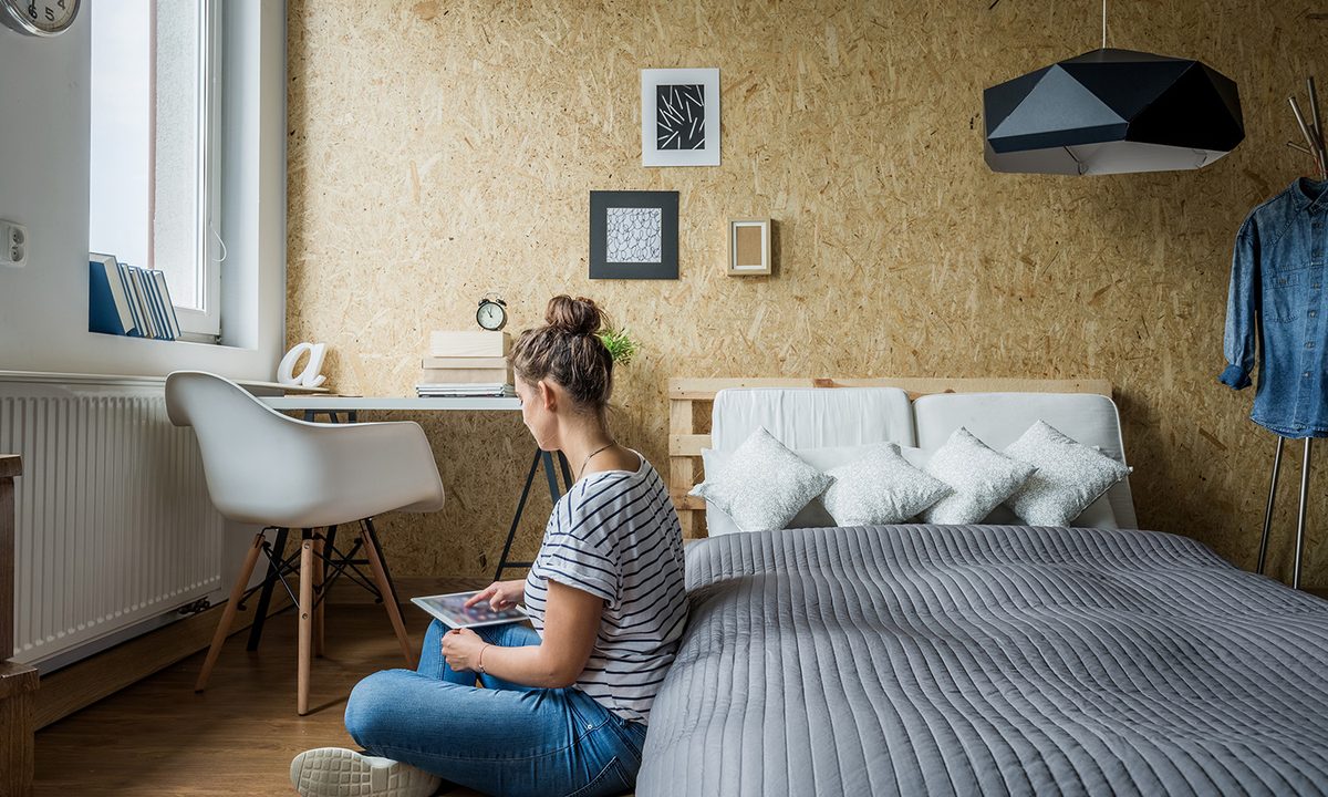Dorm room appliances in a bedroom.