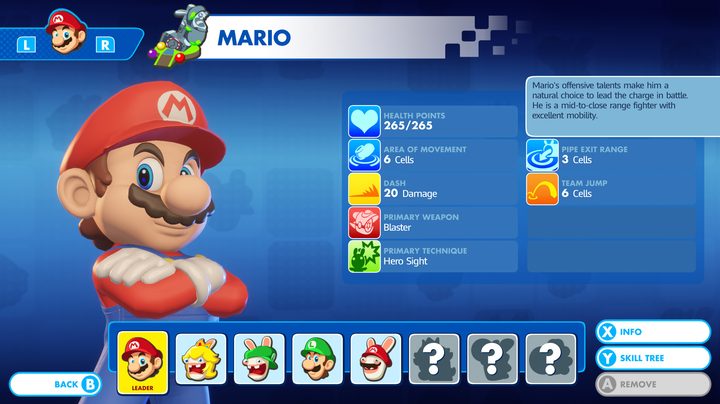 Mario + Rabbids: Kingdom Battle character menu