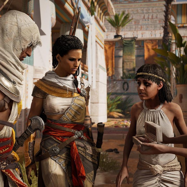 Characters from Assassin's Creed Origins talk to each other.