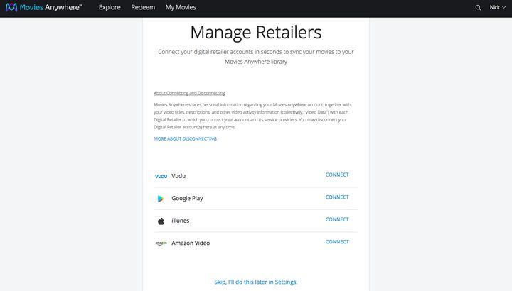 Movies Anywhere manage retailers