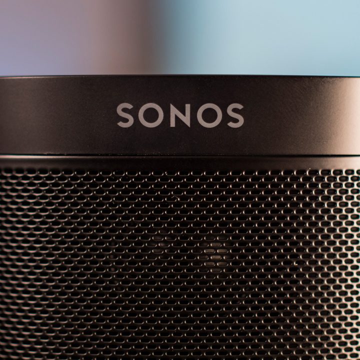 Sonos One closeup of logo.