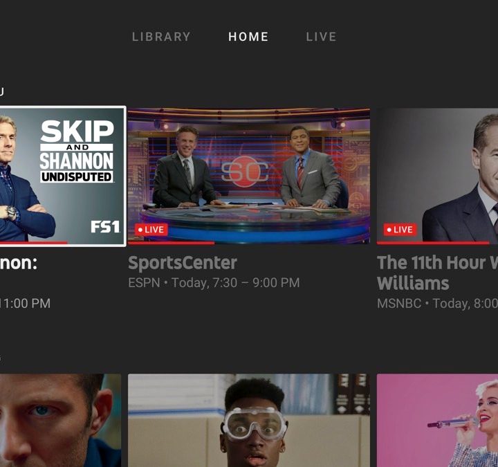 YouTube TV home screen showing 4K content.
