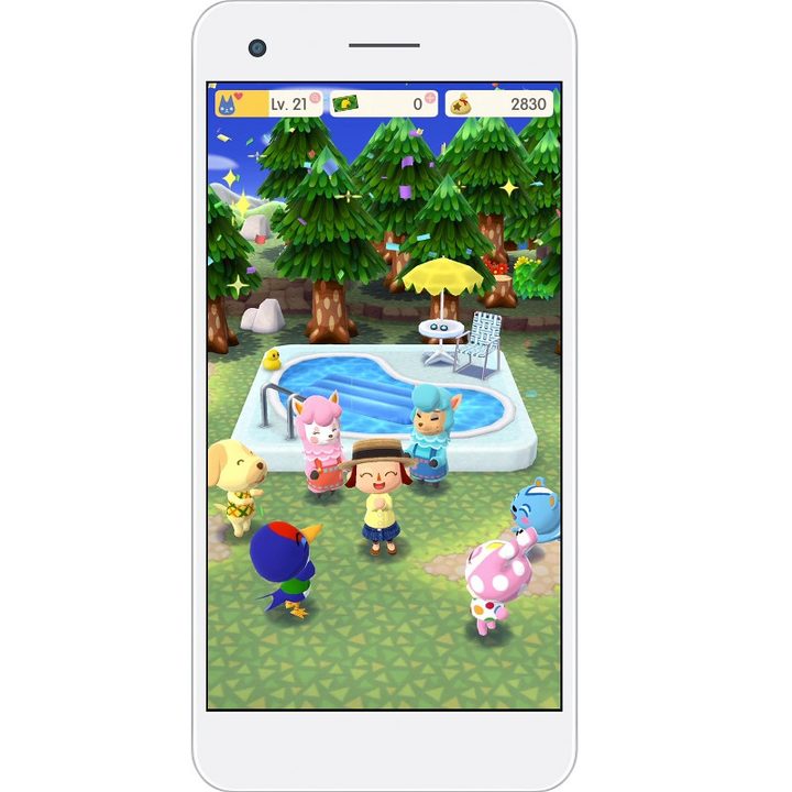Happy villagers standing around a pool.