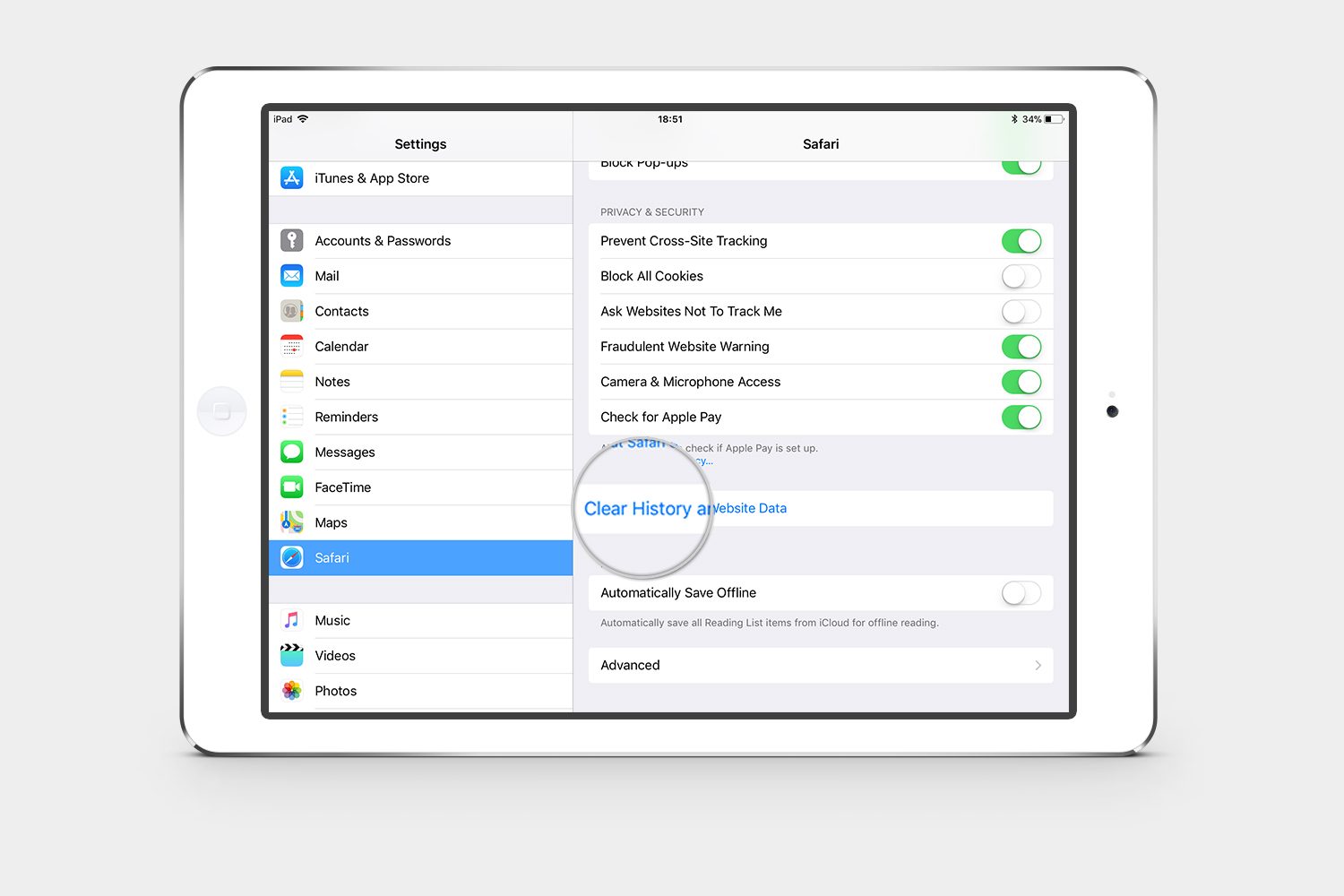 how to clear cookies on an iPad