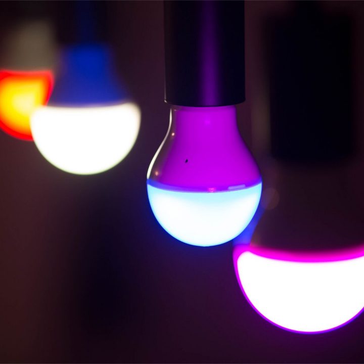 A row of smart bulbs in different shades.
