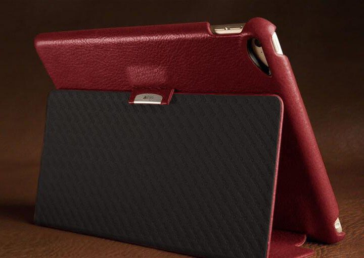 Red Vaja iPad cases back view with folded kick stand.