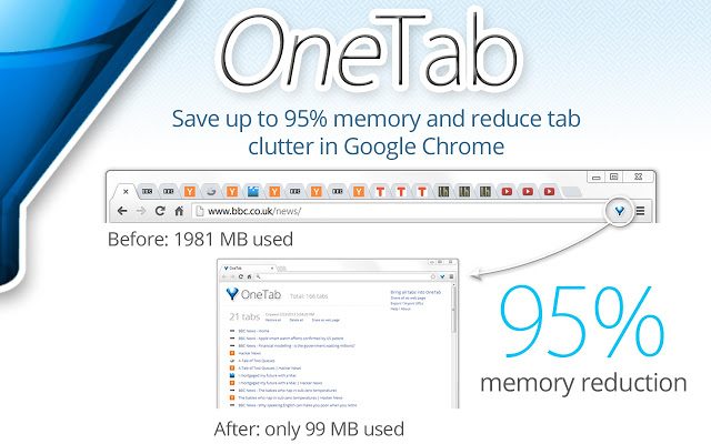 OneTab product photo showing amount of memory use before and after using the OneTab browser extension.