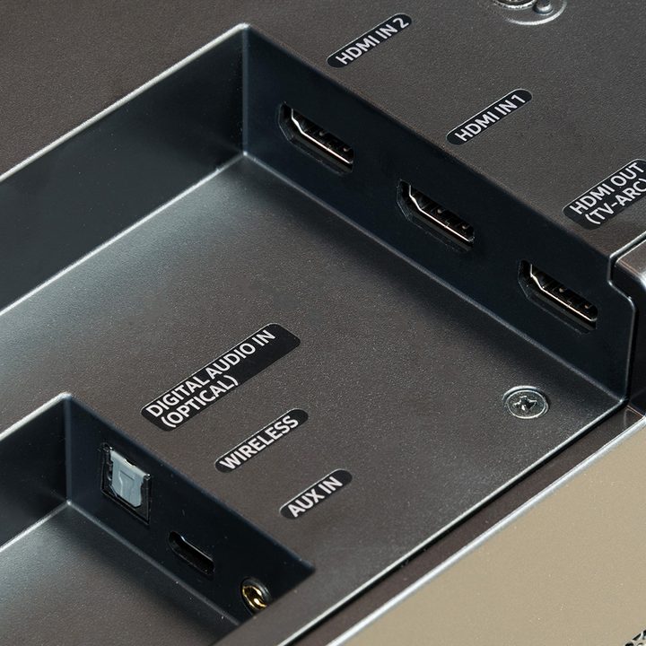 Backside of a Samsung HW-MS750 Sound+ soundbar showing input ports.