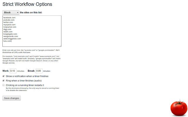 Strict Workflow screenshot showing the browser extension's settings and options.