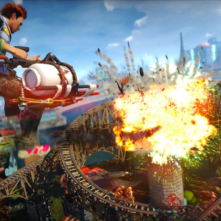 Main character of Sunset Overdrive grinding and shooting.
