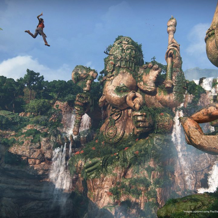 A character jumps off a cliff in Uncharted: The Lost Legacy.