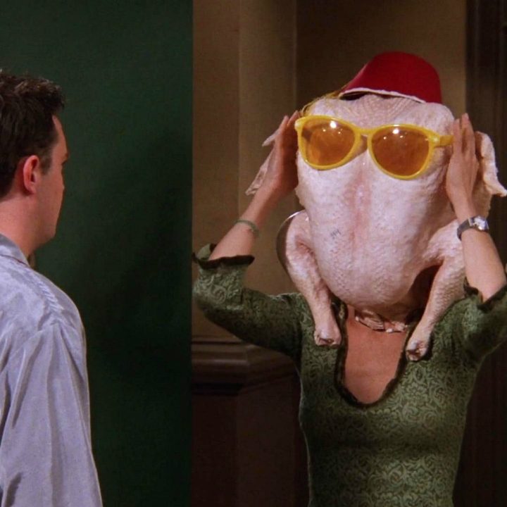 Monica with a turkey on her head on "Friends."