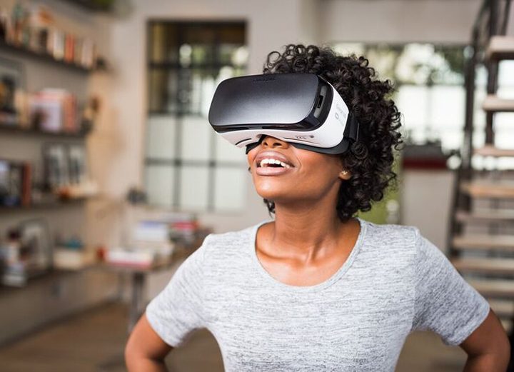 A person wearing a virtual reality headset.