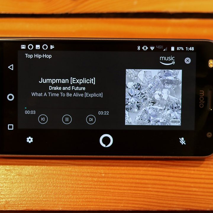 Moto Mod with Amazon Alexa music.