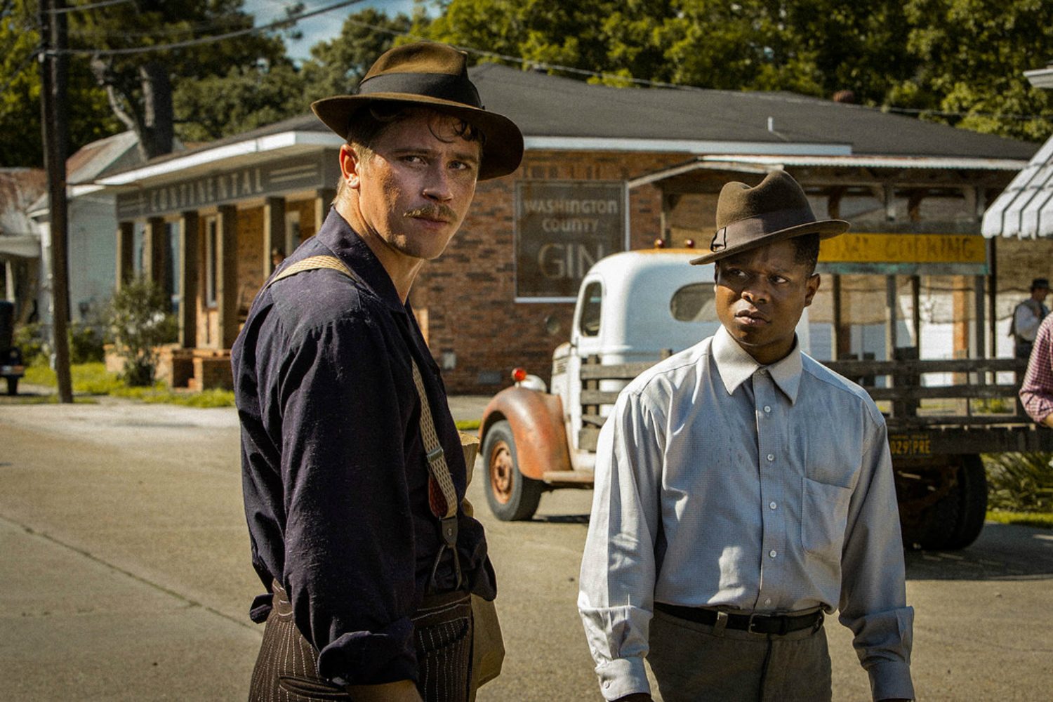 Two men on the road on Mudbound.