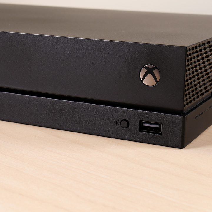 Xbox One power button close up.