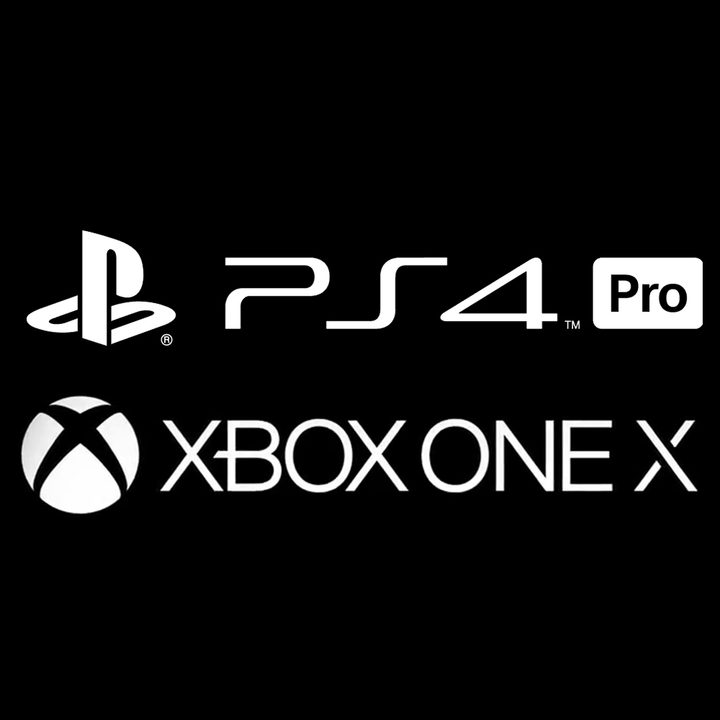 PS4 Pro and Xbox One X logos on a black background.