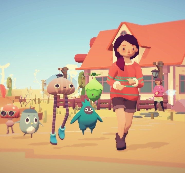 A gaggle of Ooblets run alongside a human.