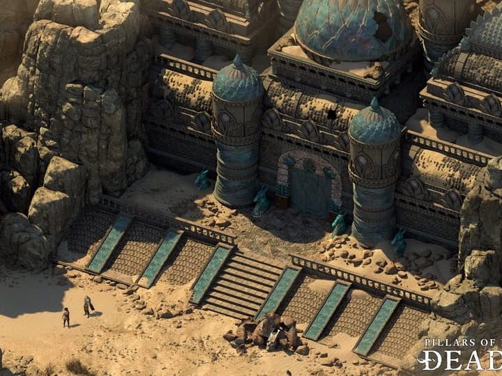 Two figures outside a dusty temple.