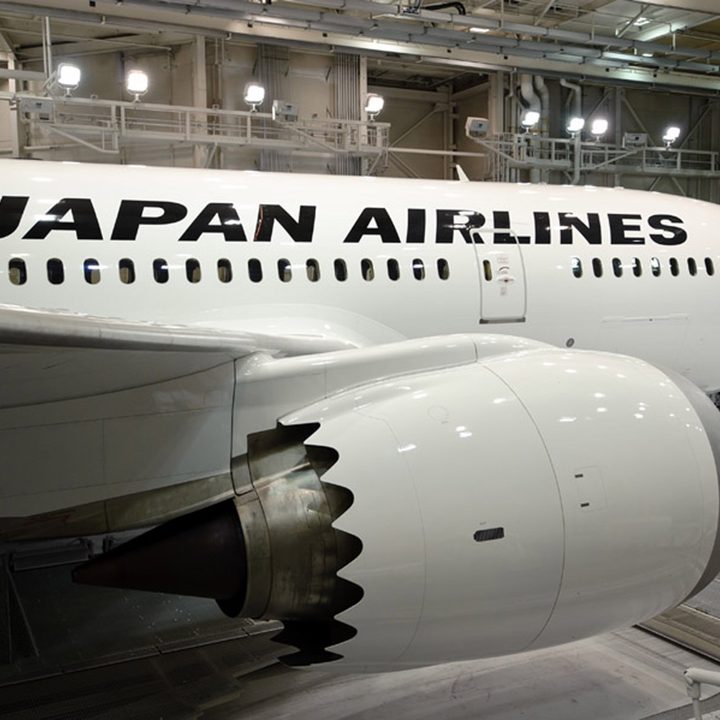Japan Airlines plane in hanger.