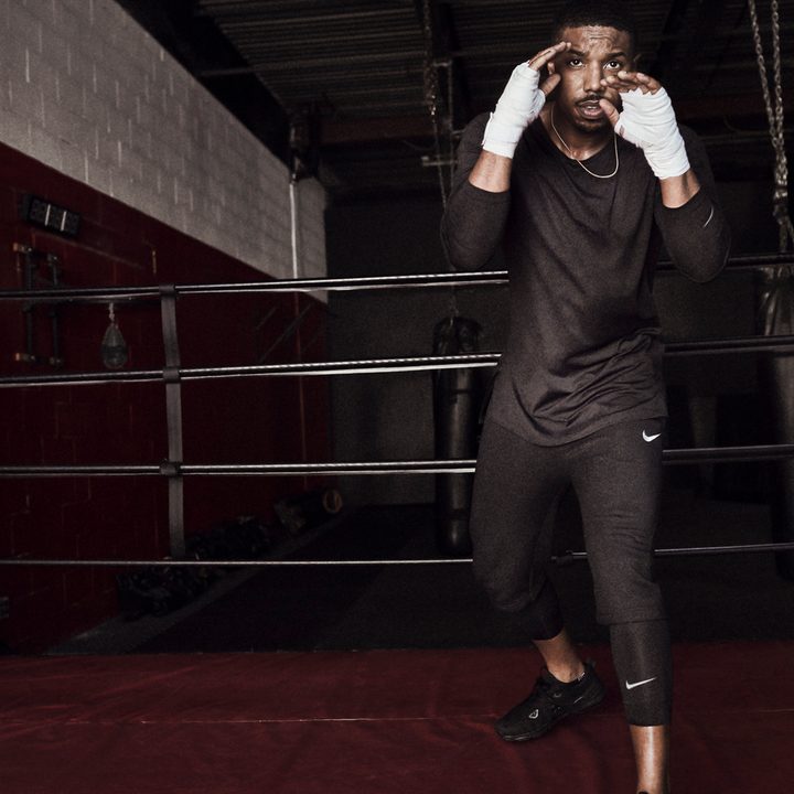 Portrait of Michael B. Jordan in a boxers stance as he trains for Creed (2015) in a promotional piece for Nike
