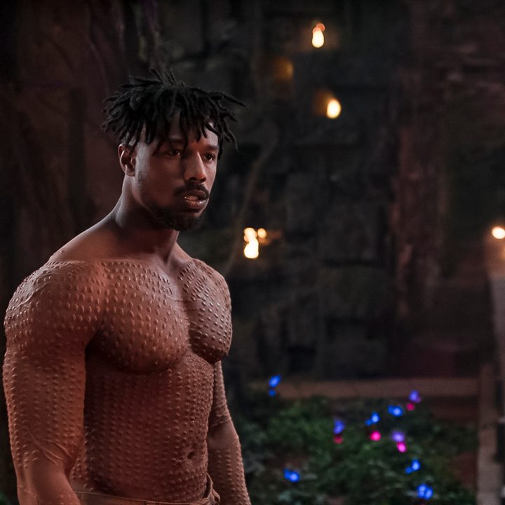 Michael B. Jordan as a shirtless, scarred Killmonger in Black Panther (2018)