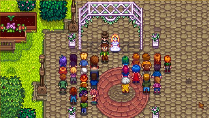 A wedding in Stardew Valley. The player characters is marrying Haley, who's in a bridal gown. They're standing underneath an arch with all the townsfolk watching.