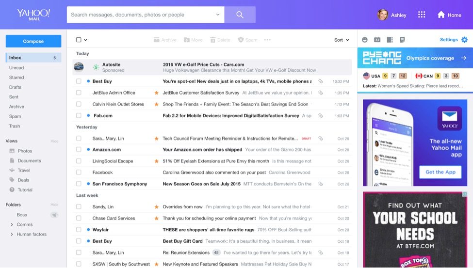 A Yahoo mail inbox.