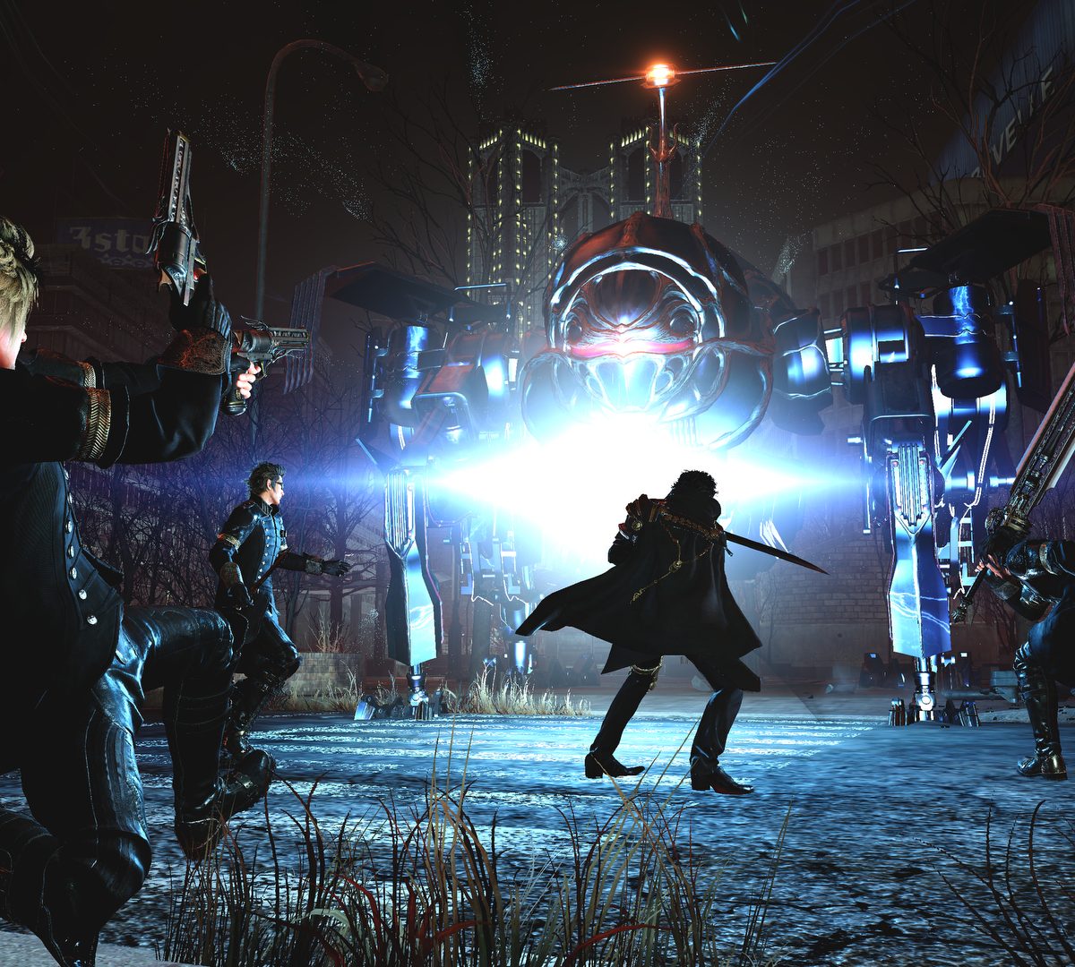 Final Fantasy XV Performance Guide | Screenshot of the gang fighting a large mech in a dark city