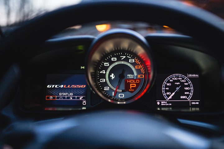 2018 Ferrari GTC4Lusso First Drive | Speedometer and other telemetry info in the driver's side dashboard