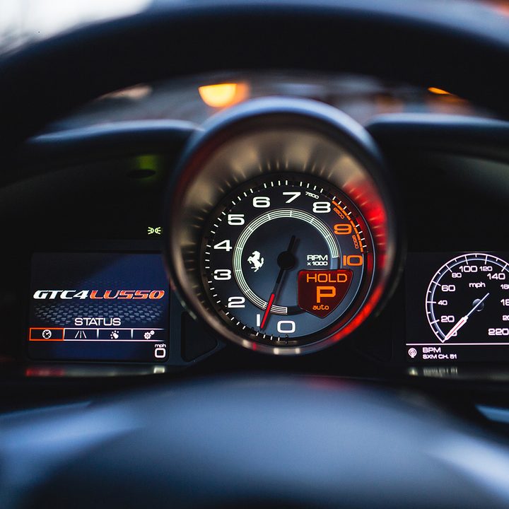 2018 Ferrari GTC4Lusso First Drive | Speedometer and other telemetry info in the driver's side dashboard