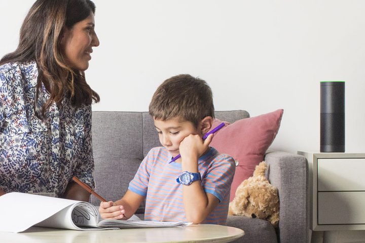 mom and son using with amazon echo